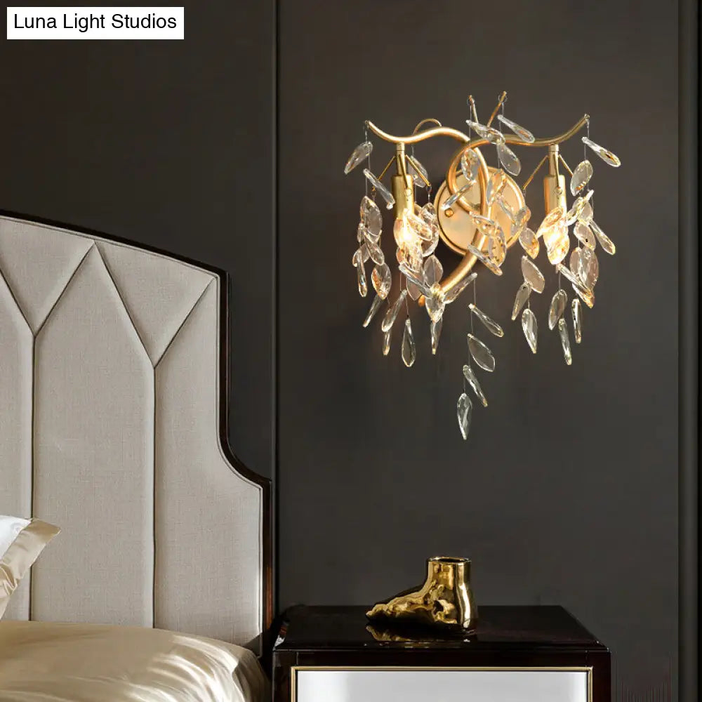 Clear Crystal Wall Mount Lamp With Brass Country Style - 2 Heads Bedside Lighting Fixture