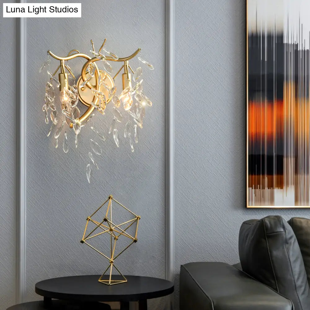 Clear Crystal Wall Mount Lamp With Brass Country Style - 2 Heads Bedside Lighting Fixture