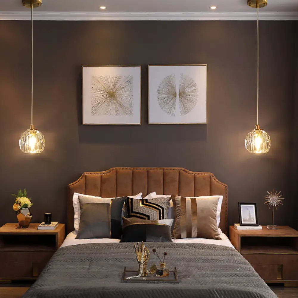 Clear Cut Crystal Gold Pendant Lamp With Simple Ball Design - 1 Bulb Bedside Light / 5.5’