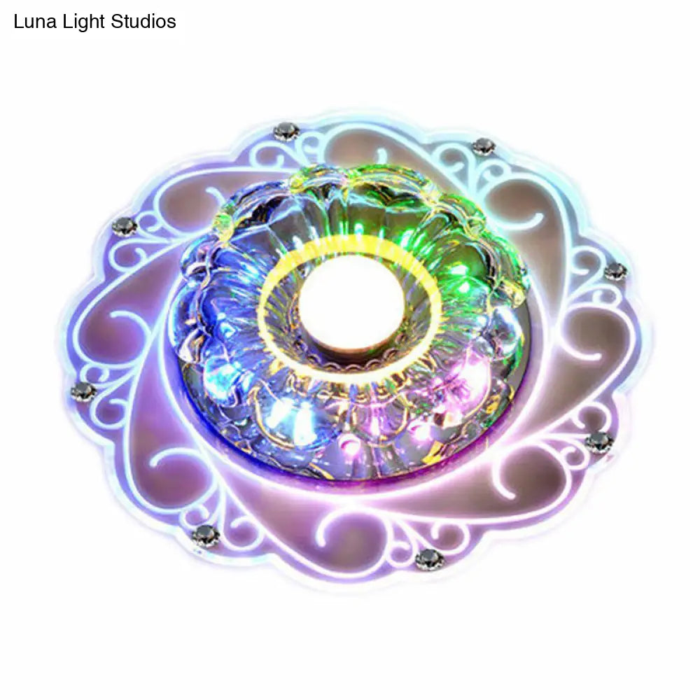 Clear Floral Led Crystal Ceiling Light - Contemporary Flush Mount For Hallways