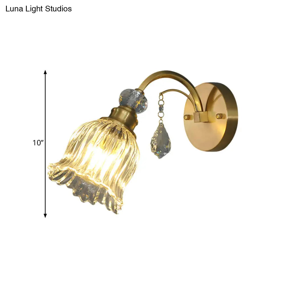 Clear Fluted Glass Wall Light With Crystal Drop Decor In Brass
