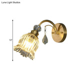 Clear Fluted Glass Wall Light With Crystal Drop Decor In Brass