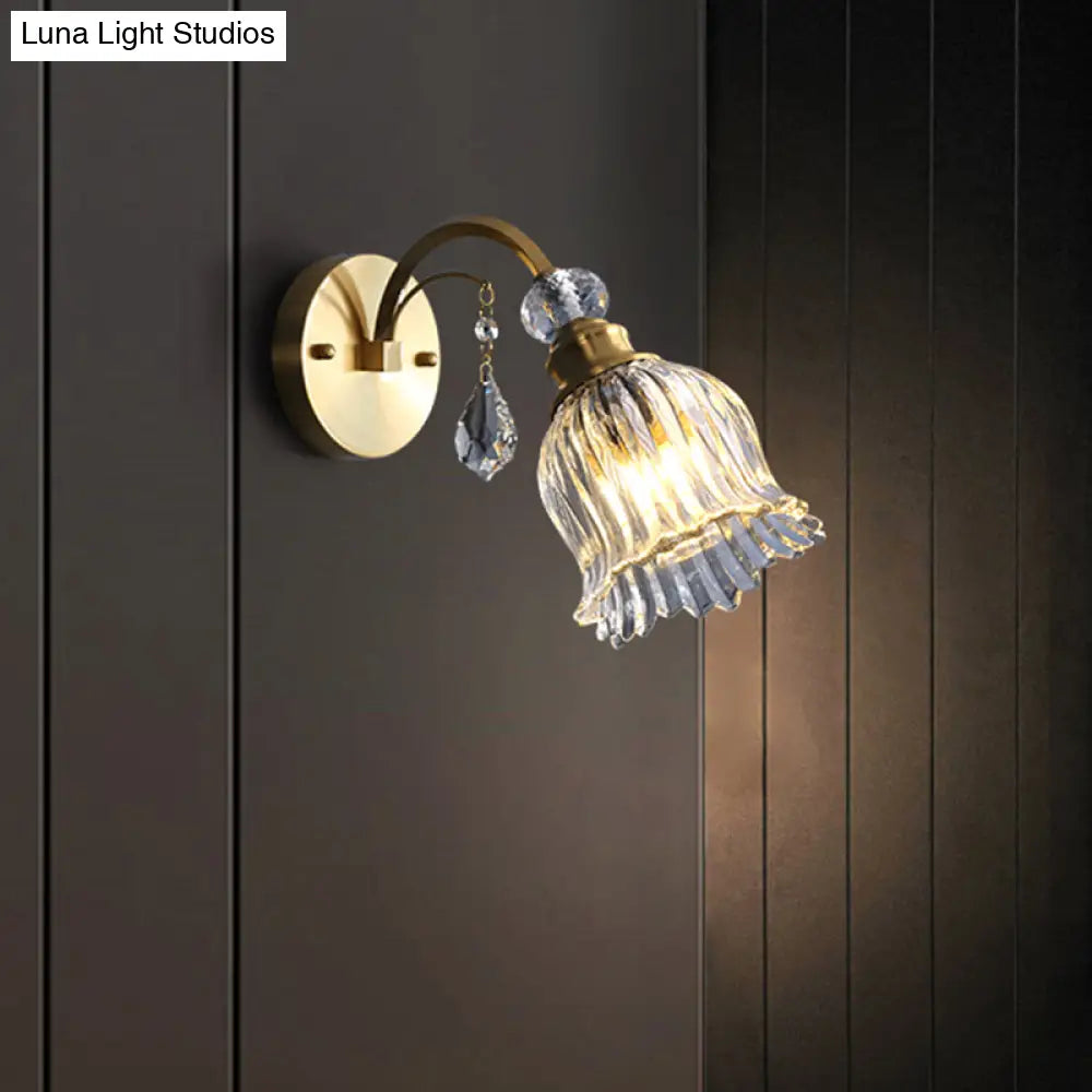 Clear Fluted Glass Wall Light With Crystal Drop Decor In Brass