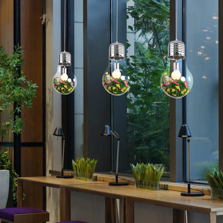 Clear Glass Bulb Pendant Lamp - Industrial Style 1-Light Hanging Light With Artificial Flower