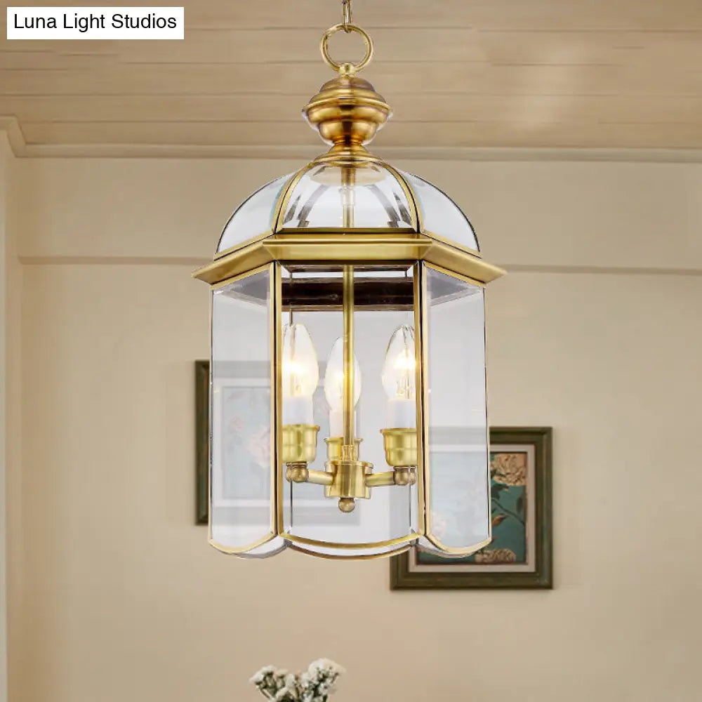 Clear Glass Colonial Lantern Pendant Chandelier- 3 Heads; Ideal Hallway Lighting Fixture