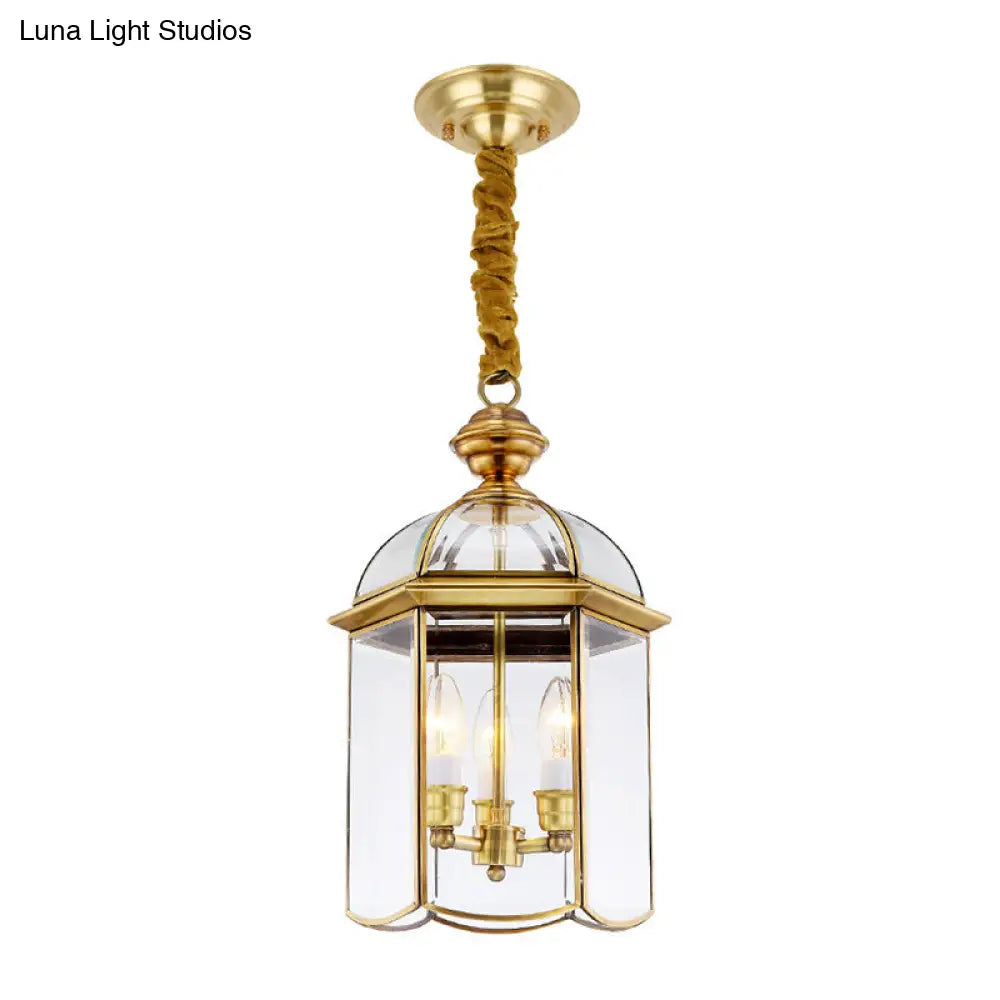 Clear Glass Colonial Lantern Pendant Chandelier- 3 Heads; Ideal Hallway Lighting Fixture