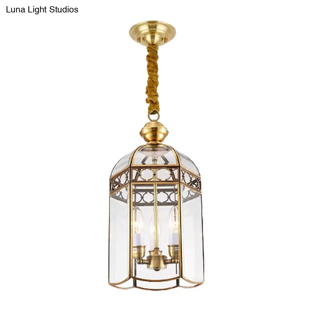 Clear Glass Colonial Lantern Pendant Chandelier- 3 Heads; Ideal Hallway Lighting Fixture