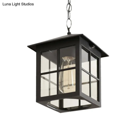 Clear Glass Farmhouse Hanging Pendant Light With 1 Bulb Cuboid Design (Black/Bronze)