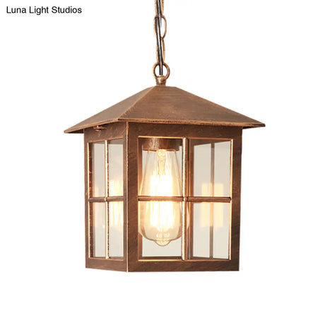 Clear Glass Farmhouse Hanging Pendant Light With 1 Bulb Cuboid Design (Black/Bronze)
