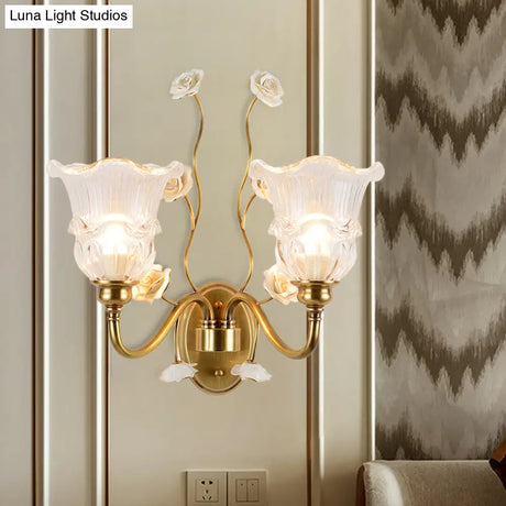Clear Glass Floral Sconce Retro Style Wall Light With Ruffled Tiers In White