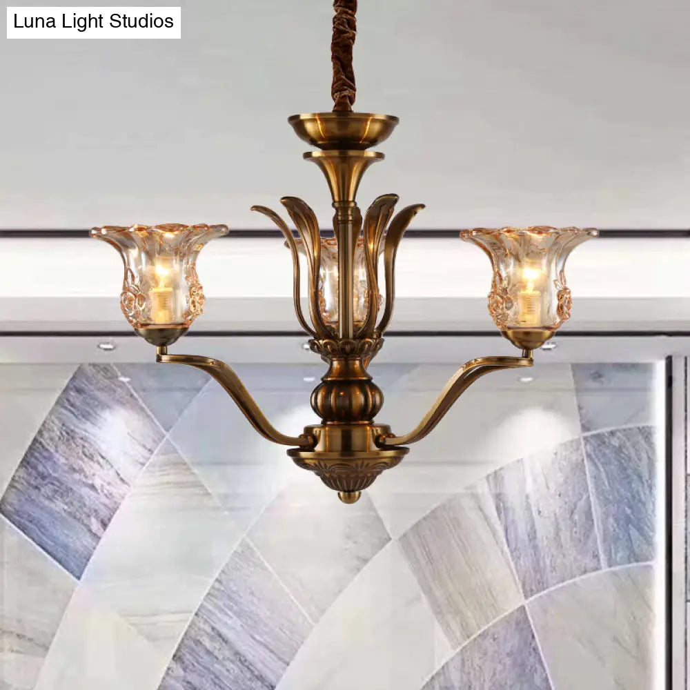 Clear Glass Pendant Chandelier With Branching Design - Rustic Living Room Ceiling Light In Brass