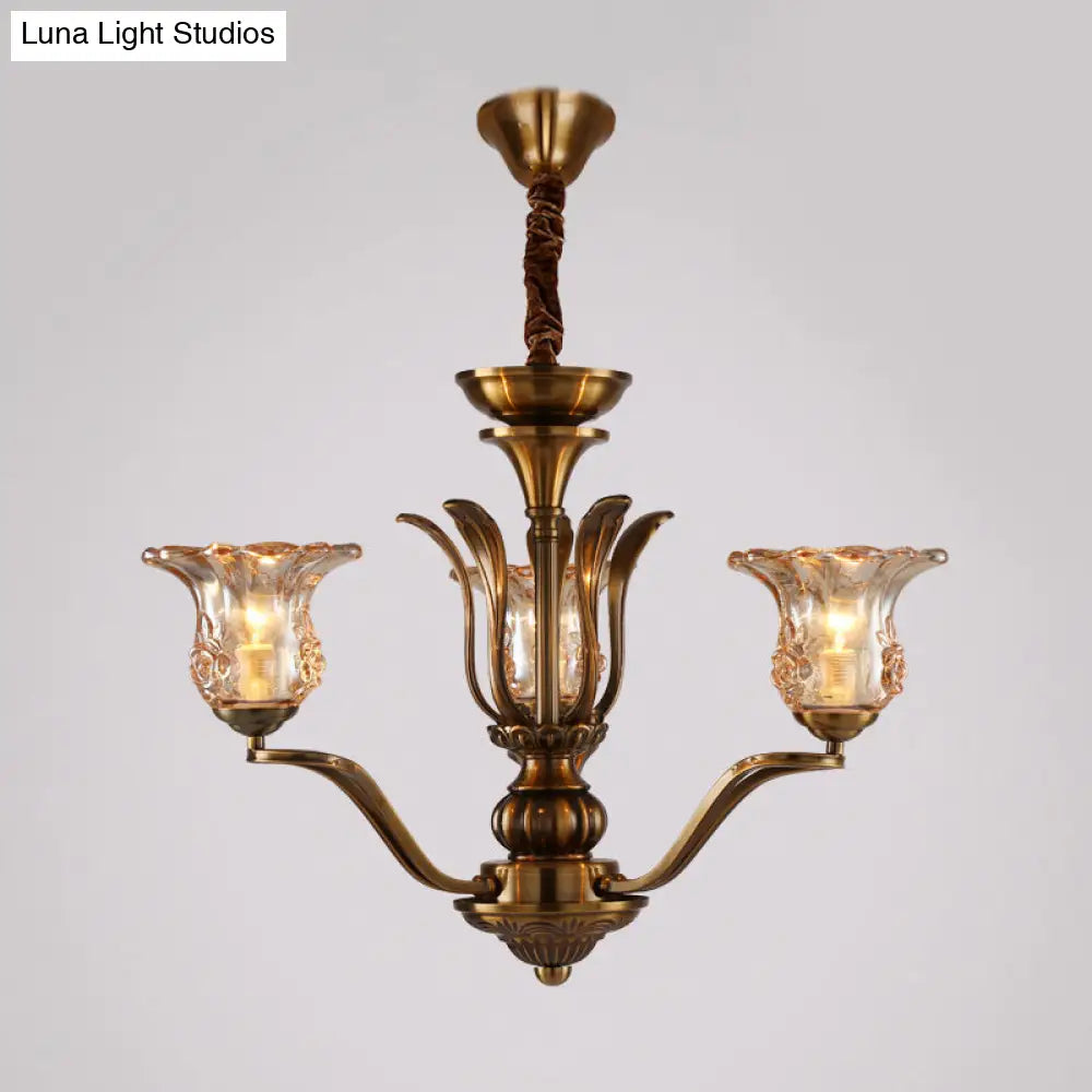 Clear Glass Pendant Chandelier With Branching Design - Rustic Living Room Ceiling Light In Brass