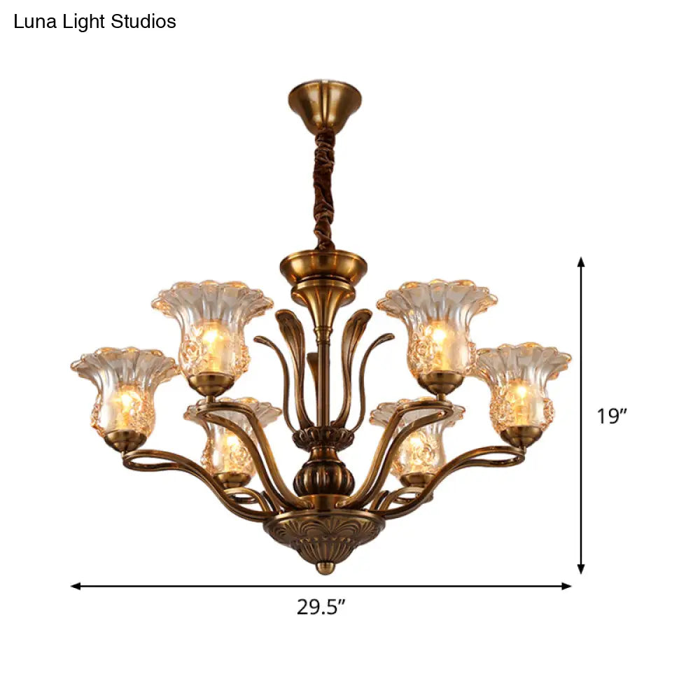 Clear Glass Pendant Chandelier With Branching Design - Rustic Living Room Ceiling Light In Brass