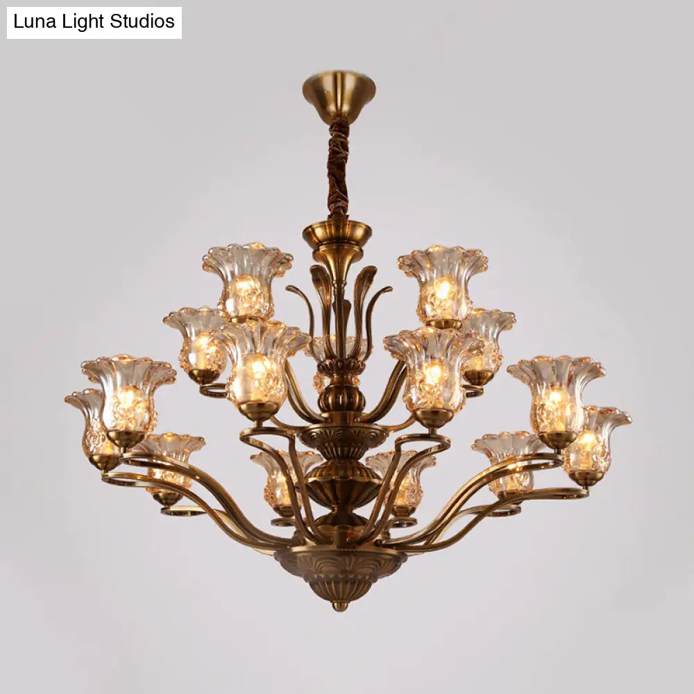 Clear Glass Pendant Chandelier With Branching Design - Rustic Living Room Ceiling Light In Brass