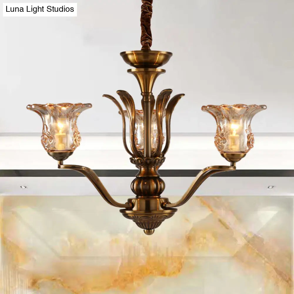 Clear Glass Pendant Chandelier With Branching Design - Rustic Living Room Ceiling Light In Brass