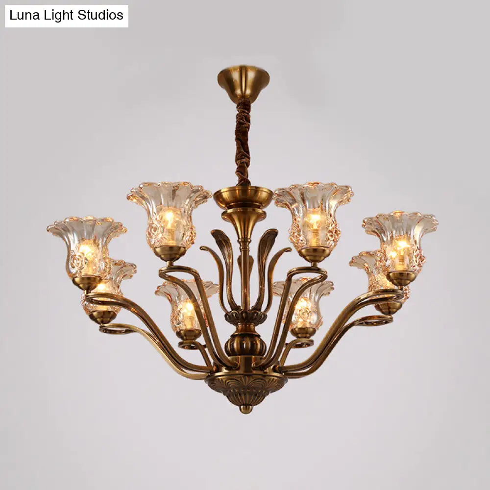 Clear Glass Pendant Chandelier With Branching Design - Rustic Living Room Ceiling Light In Brass