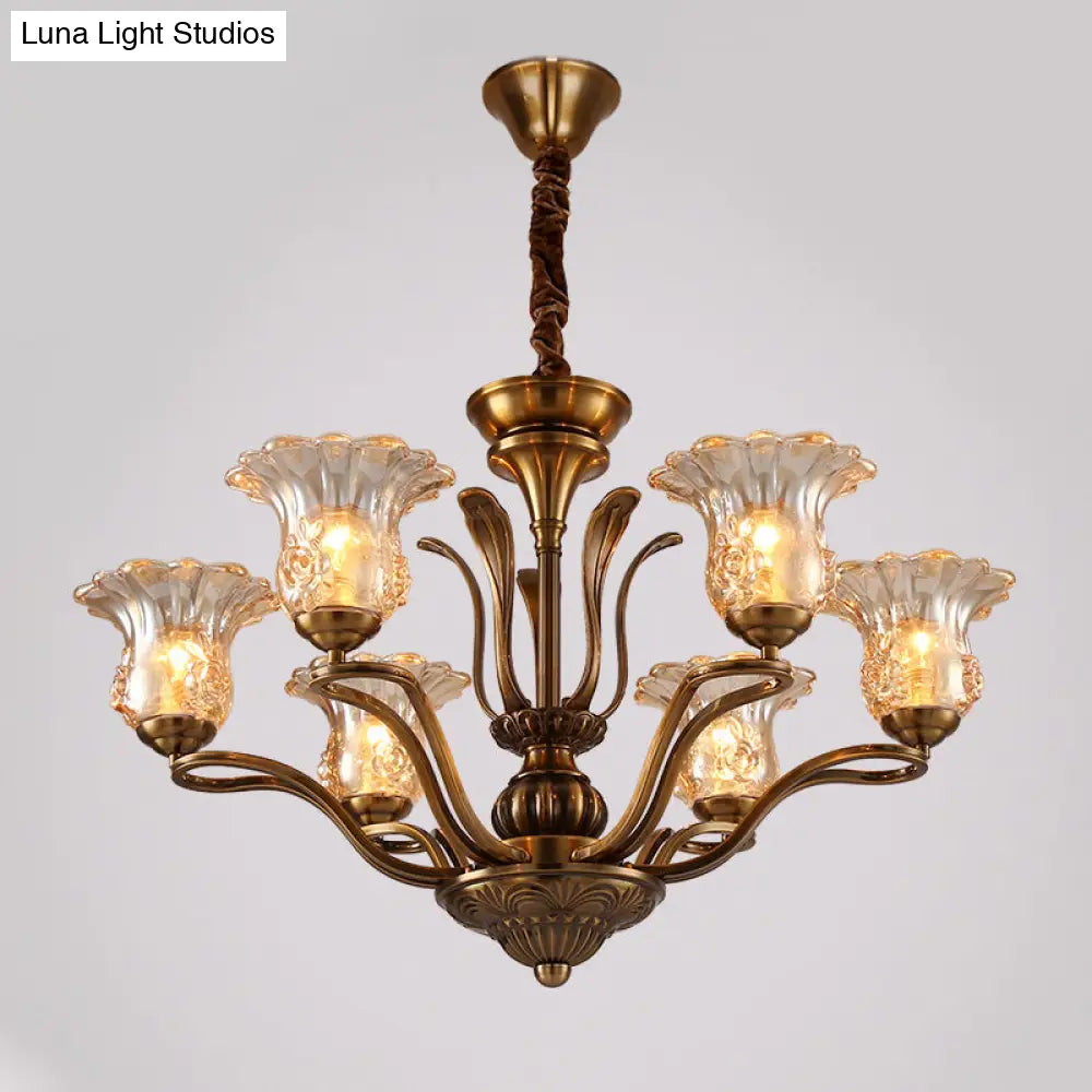 Clear Glass Pendant Chandelier With Branching Design - Rustic Living Room Ceiling Light In Brass