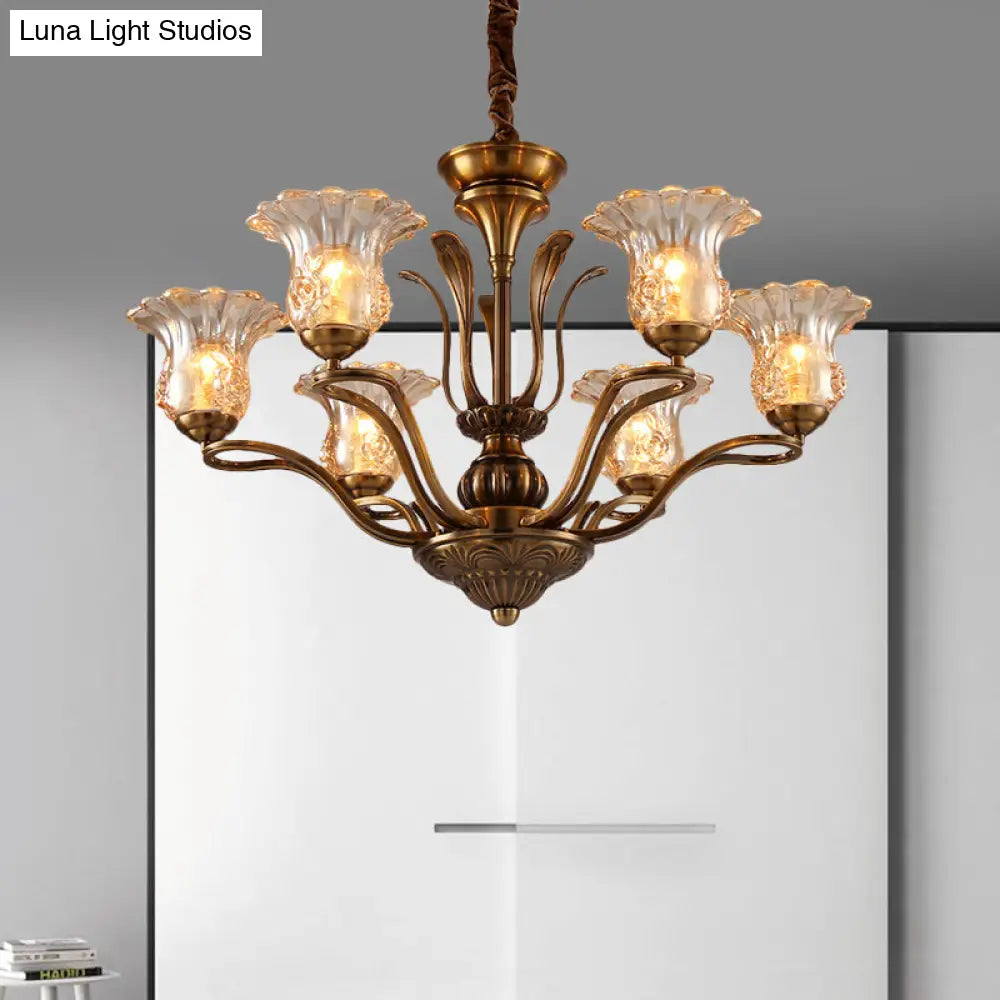 Clear Glass Pendant Chandelier With Branching Design - Rustic Living Room Ceiling Light In Brass