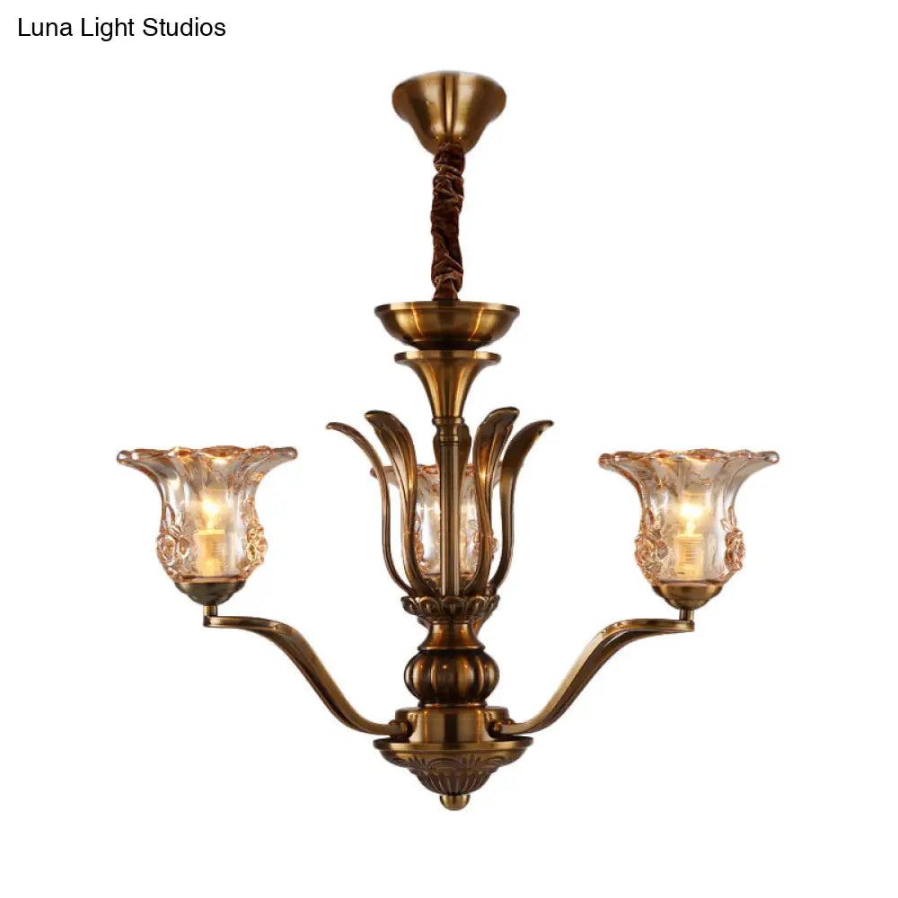 Clear Glass Pendant Chandelier With Branching Design - Rustic Living Room Ceiling Light In Brass