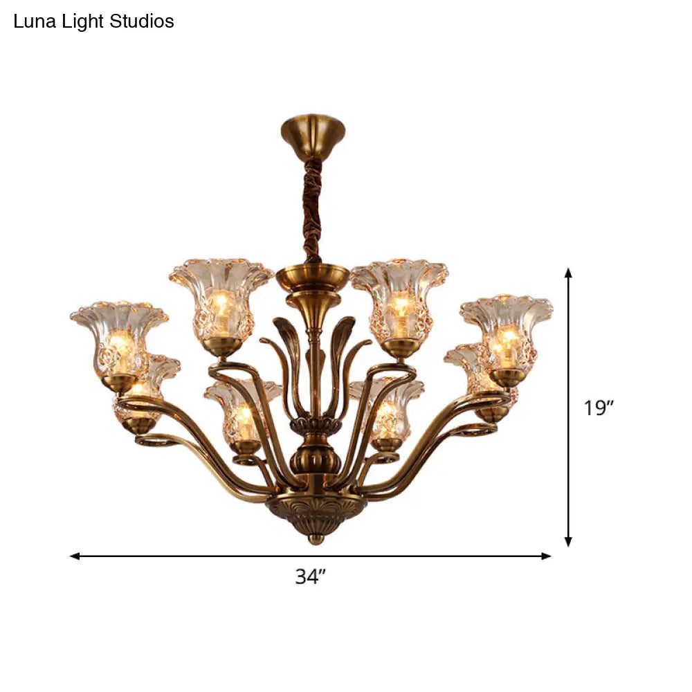Clear Glass Pendant Chandelier With Branching Design - Rustic Living Room Ceiling Light In Brass