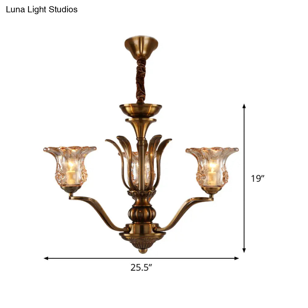 Clear Glass Pendant Chandelier With Branching Design - Rustic Living Room Ceiling Light In Brass