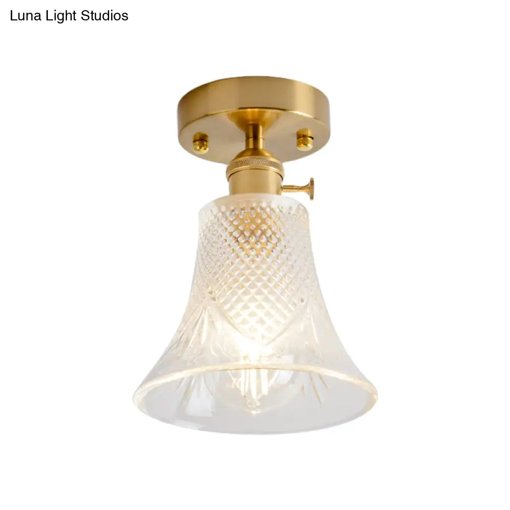 Clear Glass Single Light Gold Semi Flush Industrial Ceiling Lighting - Cone/Cylinder/Bell Corridor