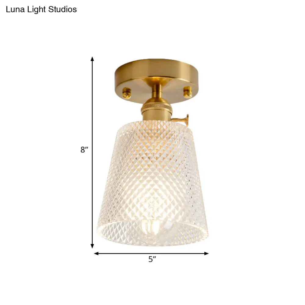 Clear Glass Single Light Gold Semi Flush Industrial Ceiling Lighting - Cone/Cylinder/Bell Corridor