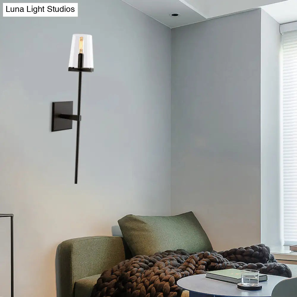 Clear Glass & White Fabric Wall Sconce With Vintage Tapered Design Black/Brass Bar - 1 Bulb Mounted