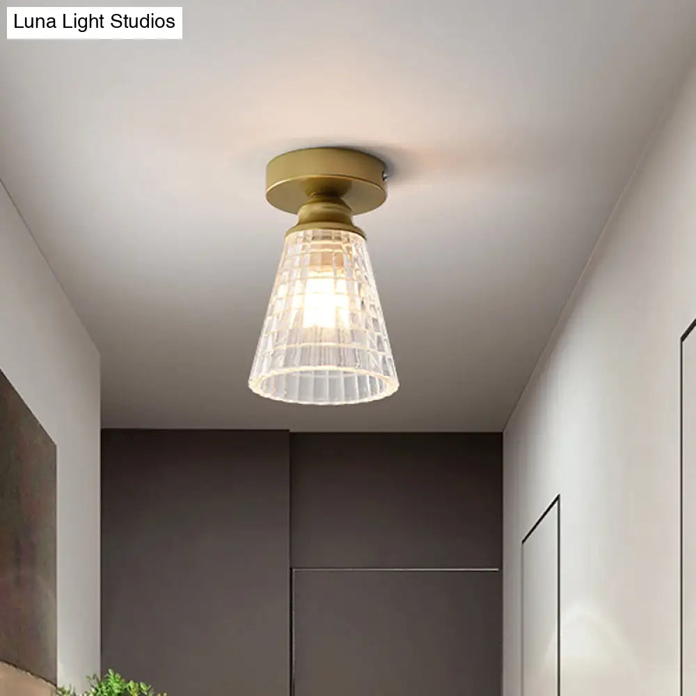 Clear Lattice Glass Cone Flushmount Lighting: Modern Brass Flush Mount Lamp