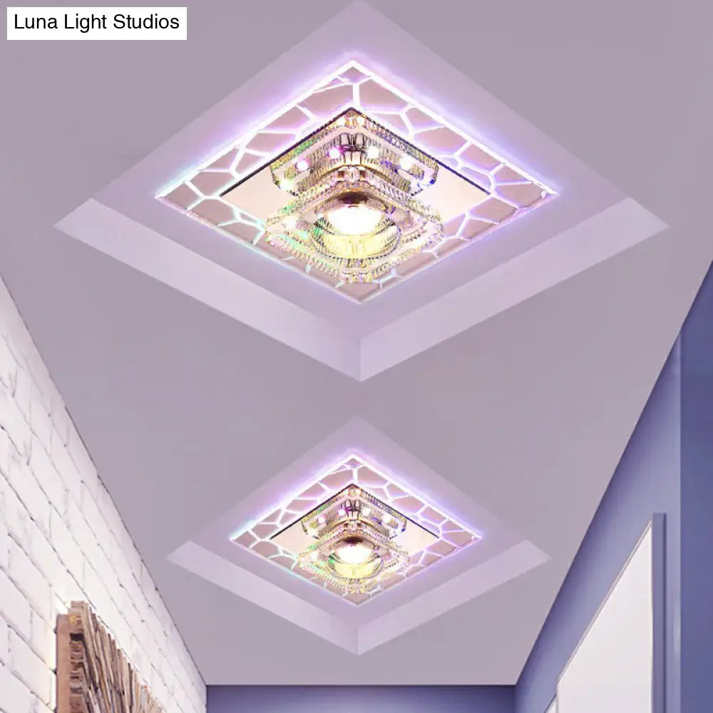 Clear Led Square Ceiling Lamp: Prismatic Crystal Flush Mount Fixture For Entryway - Minimalist