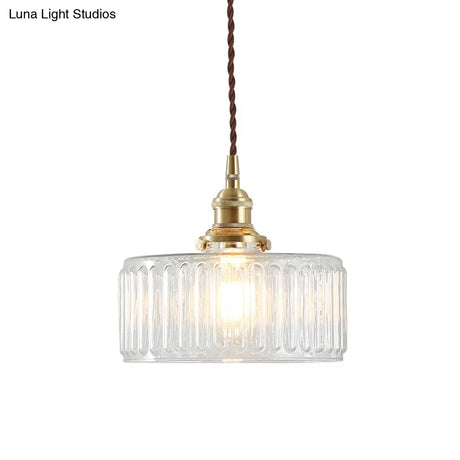 Clear Ribbed Glass Drum Pendant Lighting - Vintage 1-Light Lamp For Living Room