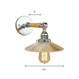 Clear Ribbed Glass Wall Sconce Light With Industrial Chrome Cone Wooden Arm - 1 8/4/6 Wide Living
