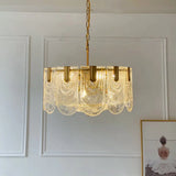 Clear Textured Glass Brass Drop Lamp - Scalloped Chandelier For Classic Dining Room / 1 Tier Small