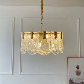 Clear Textured Glass Brass Drop Lamp - Scalloped Chandelier For Classic Dining Room / 1 Tier Small