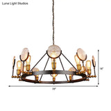 Clear Textured Glass Chandelier: Round Industrial Pendant Lighting - 6/8 Light | Brass Finish For