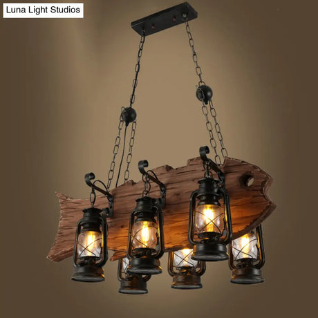 Coastal Black Kerosene Chandelier With Clear Glass And Wood Fish - 6 Heads For Restaurant Pendant