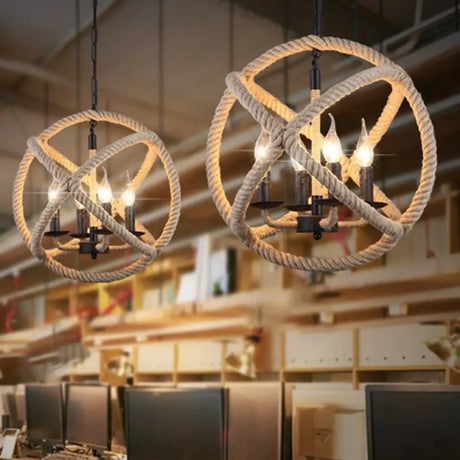 Coastal Black Pendant Lights With Rope Wrapping: Elegant Candle Chandelier Hoops 4 /