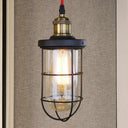 Coastal Caged Lantern Ceiling Pendant Light - Clear Glass Hanging Lamp For Coffee Shop In Black