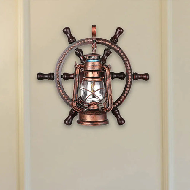 Coastal Clear Glass Kerosene Wall Sconce: Weathered Copper Bedroom Light Fixture With Wheel
