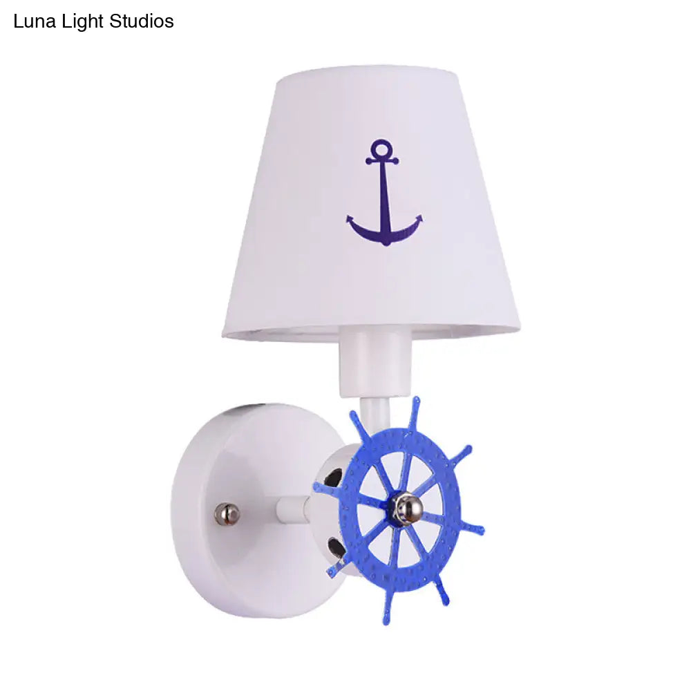 Coastal Metallic Wall Mounted Sconce With Wheel Rudder Design White-Blue Fixture & Fabric Shade
