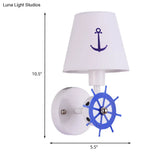Coastal Metallic Wall Mounted Sconce With Wheel Rudder Design White-Blue Fixture & Fabric Shade