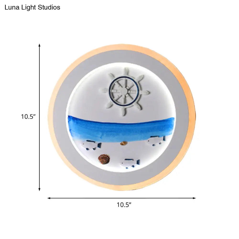 Coastal Scenery Led Round Wall Lamp: White Acrylic Decor For Bedroom