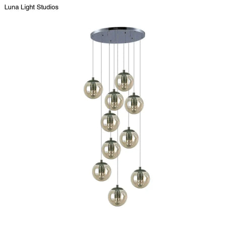 Cognac Glass Globe Cluster Pendant - 10-Light Ceiling Light For Stairs