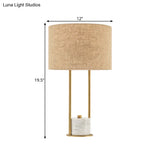 Colette - Modern Fabric Cylinder Nightstand Lamp White/Beige With Marble Base.
