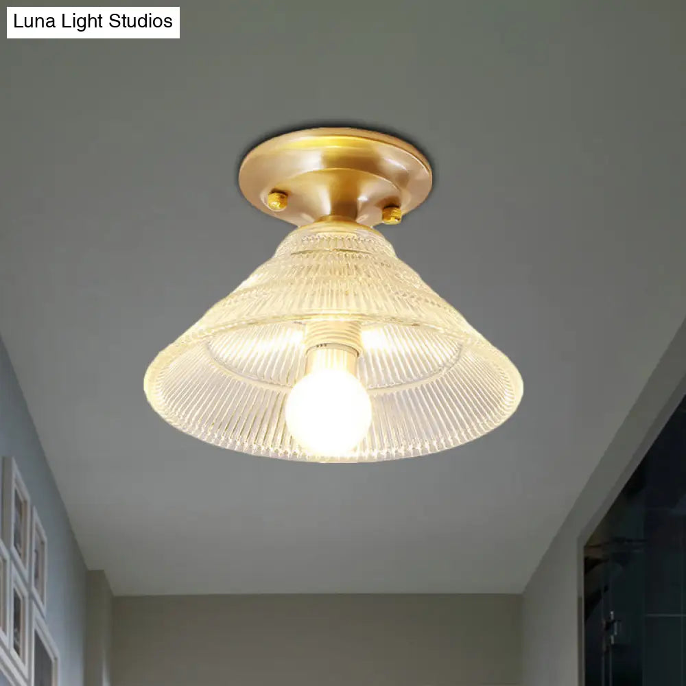 Colonial Brass Clear Ribbed Glass Flush Mount Light - 7.5’/8’ Width Cone/Bell Ceiling Fixture