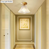 Colonial Brass Clear Ribbed Glass Flush Mount Light - 7.5’/8’ Width Cone/Bell Ceiling Fixture