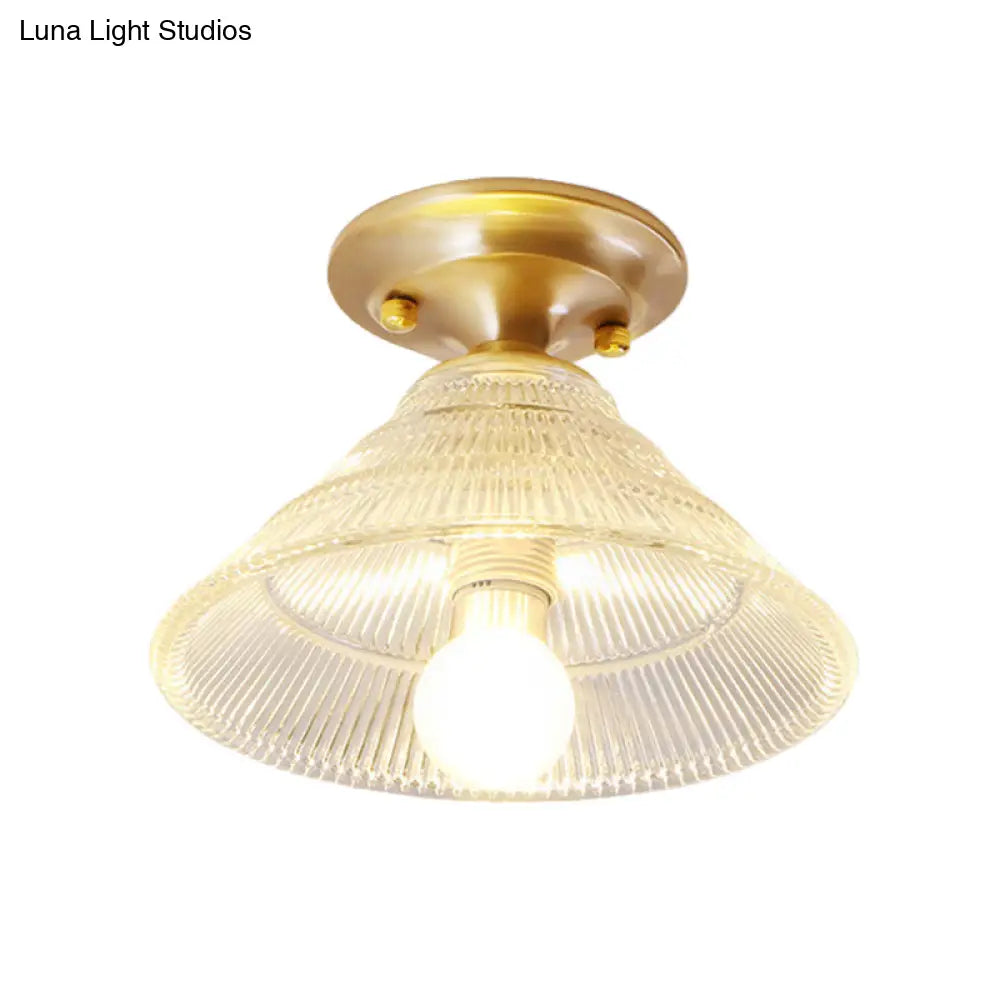 Colonial Brass Clear Ribbed Glass Flush Mount Light - 7.5’/8’ Width Cone/Bell Ceiling Fixture