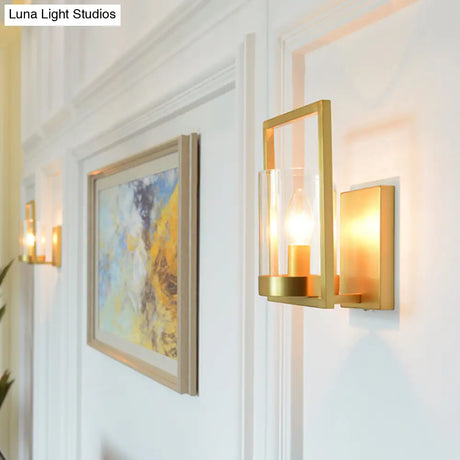 Colonial Brass Cylinder Sconce Light With Clear Glass For Living Room