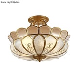 Colonial Brass Dining Room Ceiling Light Fixture - Scalloped Semi - Flush Mount Opaque Glass 4 Bulbs