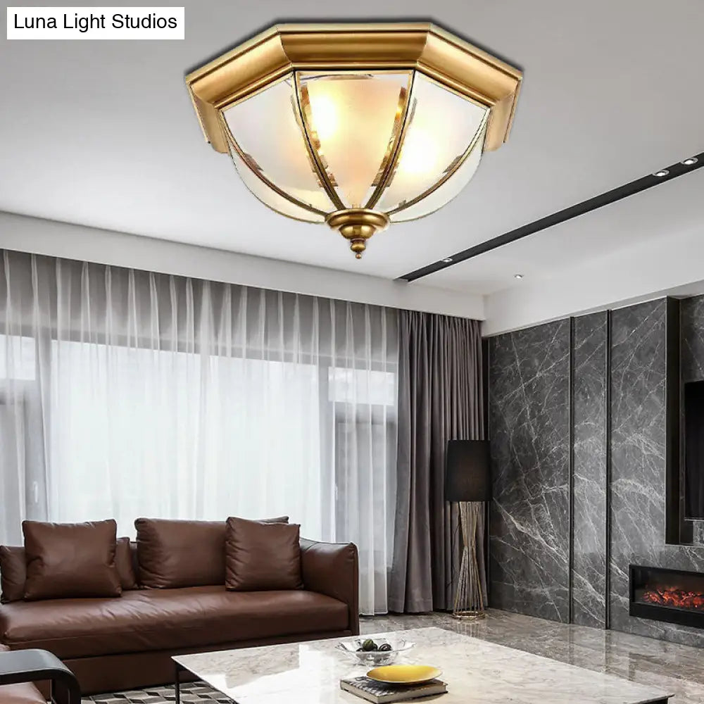 Colonial Brass Flushmount Ceiling Light With Frosted Glass Bowl Shade & 3 Lights